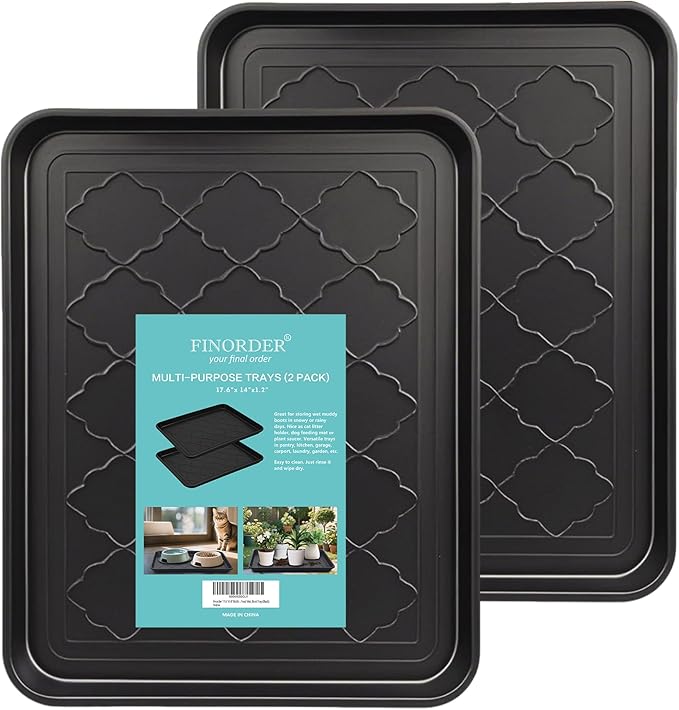 Finorder Multi-Purpose Boot Trays, Set of 2 Black All Weather Heavy Duty Shoe Trays, Pet Feeding Mat, Use for Indoor and Outdoor, 17.6" x 14" x 1.2"