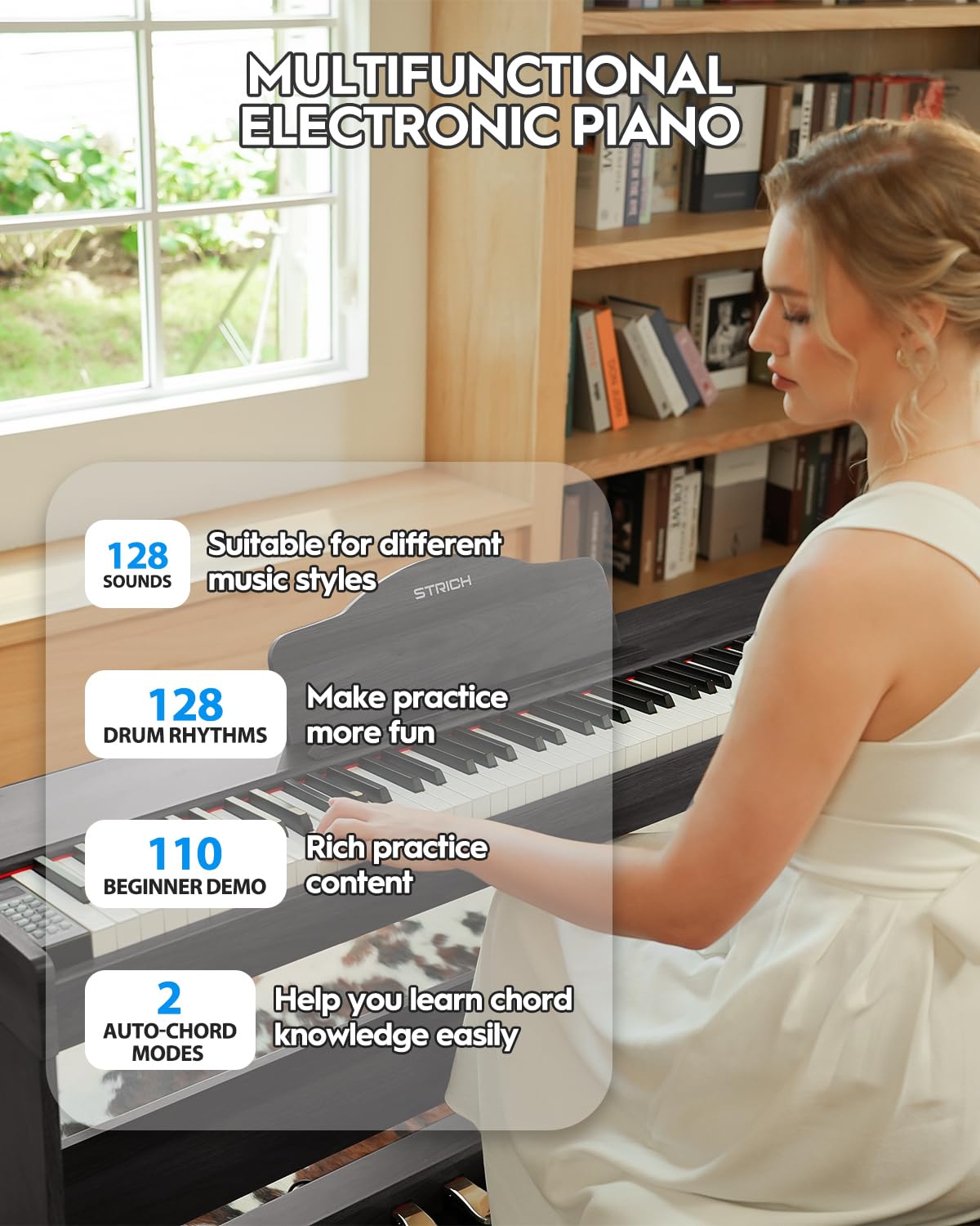 STRICH Digital Piano 88 Keys, Hammer-Action Weighted Keyboard, Full size Electric Piano Keyboard with Furniture Stand, 25Wx2 Speakers, Supports USB-MIDI/Wireless Connect, SDP-300W (Color Black)