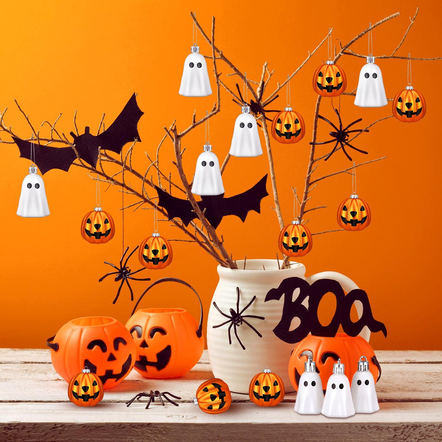 VioraWhite 20 Pcs Halloween Hanging Ornaments Cute Sliver Ghost and Gold Pumpkin Lantern Decoration Mini Plastic Halloween Tree Decorations for Home Holiday Party Decor