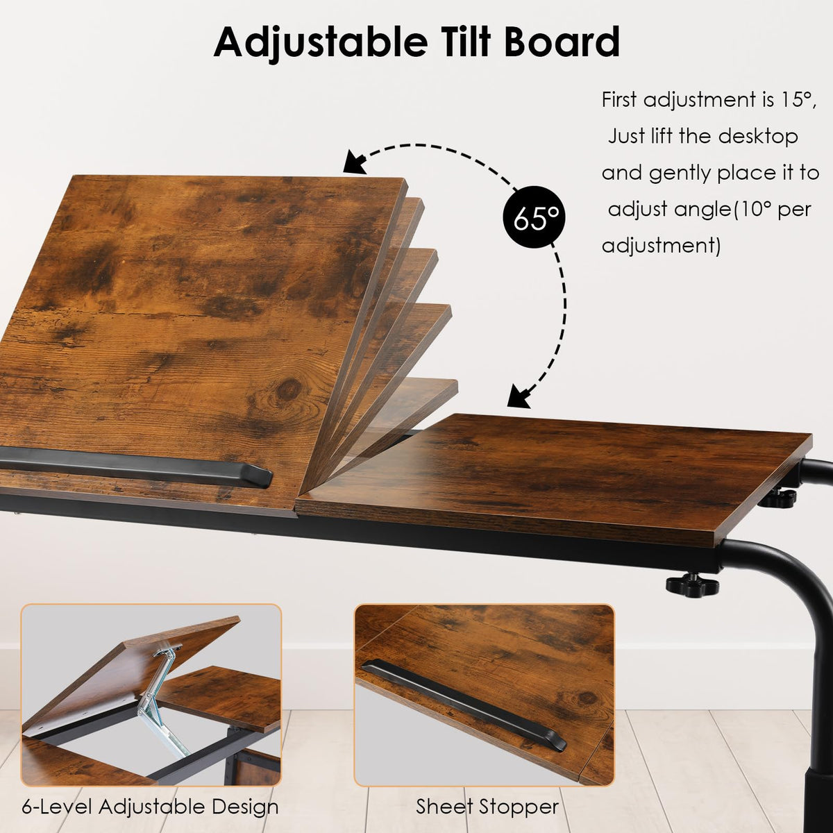 Arlopu Overbed Table with Wheels,60.6-84.2 inches Mobile Bed Desk,Rolling Computer Desk, Laptop Cart,W/0-65°Tilt Stand,4 Heights and 6 Lengths,Side Storage Basket,for Home,Office and Hospital (Brown)