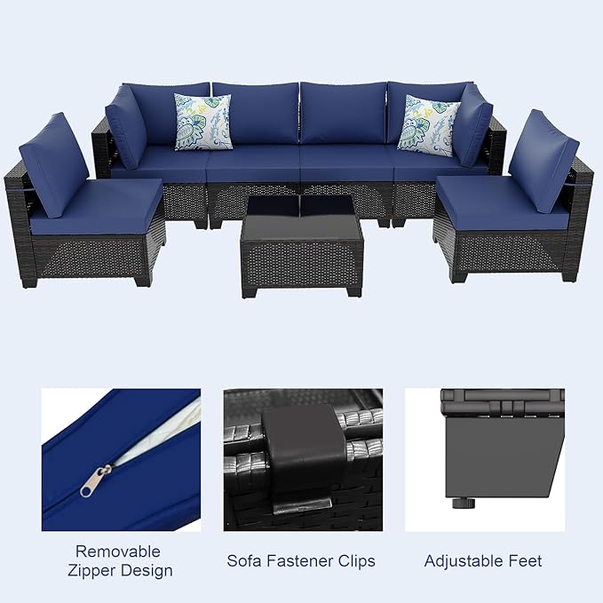 Ophelian 7 Pieces Outdoor Conversation Sectional Rattan Sofa, Patio Furniture Set, with Wicker and Cushions for Garden and Backyard, (Brown/Deep Blue)