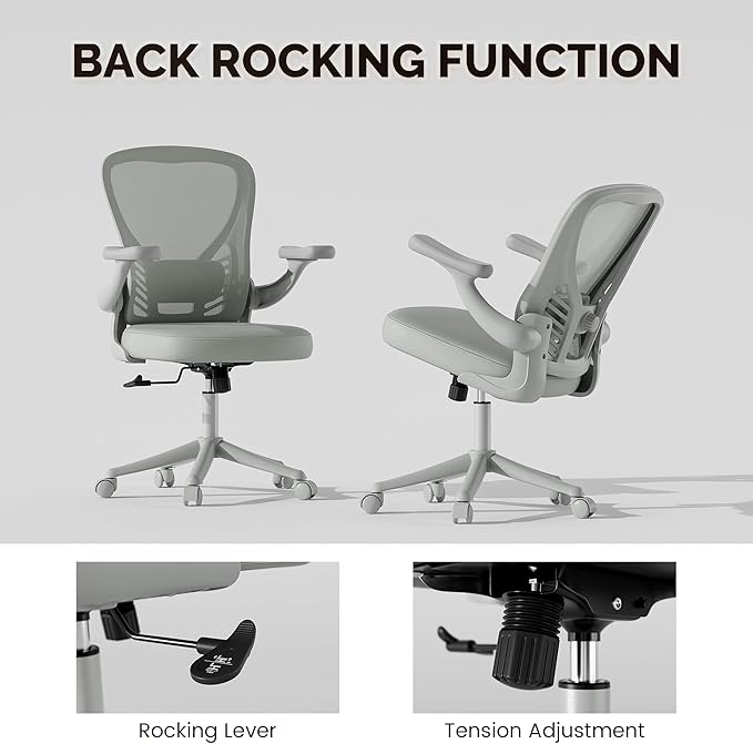 Ollega Computer Desk Chair with Wheels, Mesh Office Chair with Flip Up Arms, Adjustable Lumbar Support, Swivel Desk Chair Comfy, All Grey