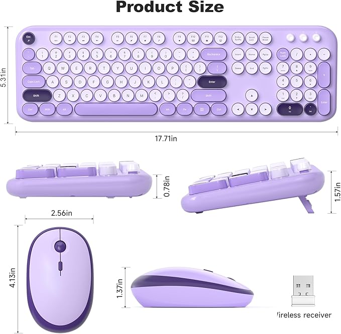 MOFII Wireless Keyboard and Mouse Combo, 2.4GHz Retro Typewriter Keyboard Full Size and Silent Mouse, 2-in-1 USB Receiver Plug and Play, for Laptop, PC, Desktop, Windows (Violet)