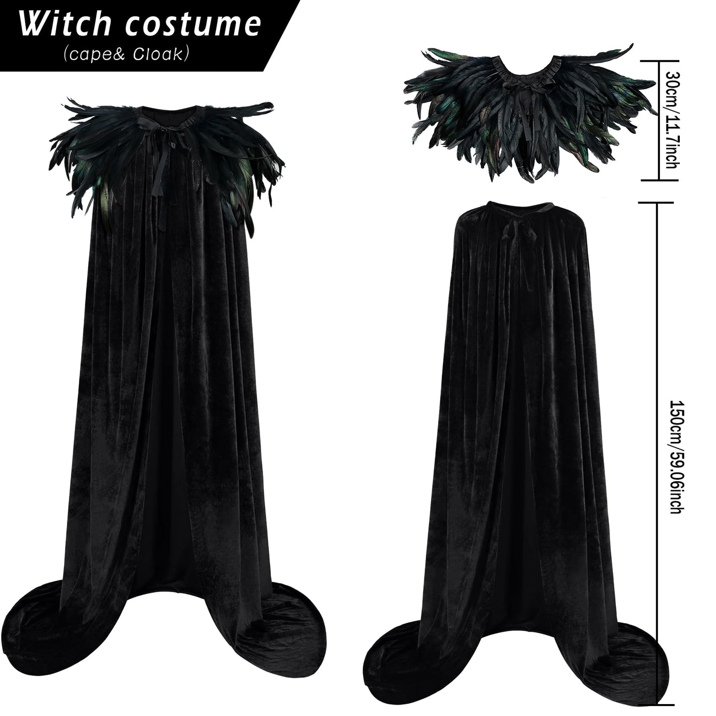 Joukavor Women Men Velvet Cape with Natural Gothic Feather Shawl Cape for Halloween (Black)