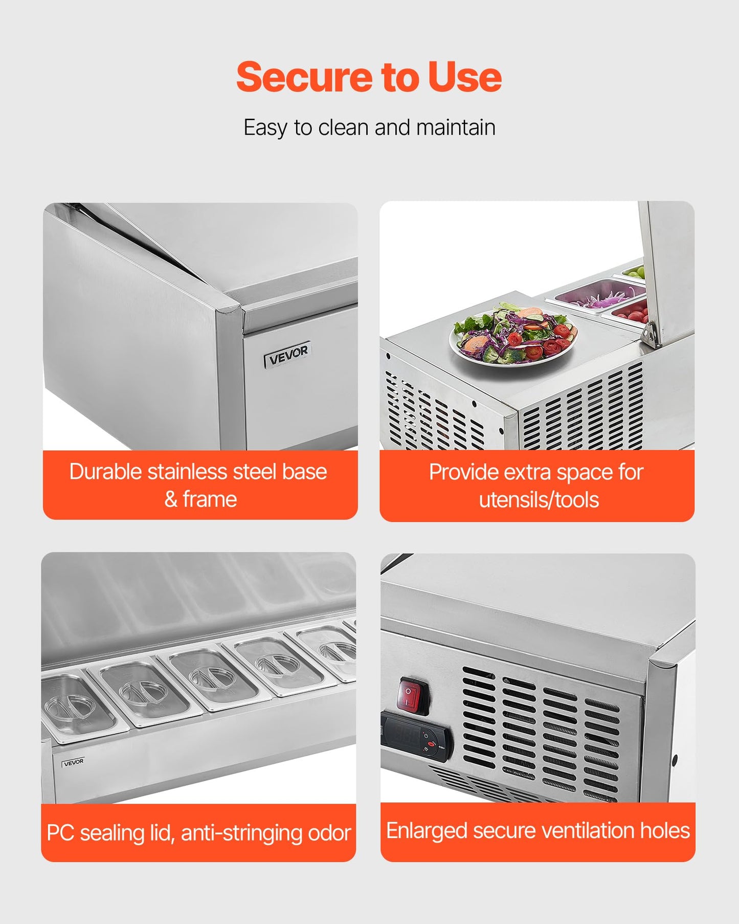 VEVOR Refrigerated Condiment Prep Station, 140 W Countertop Refrigerated Condiment Station, with Five 1/3 Pans & Four 1/6 Pans, 304 Stainless Body and PC Lid, Sandwich Prep Table with Stainless Guard