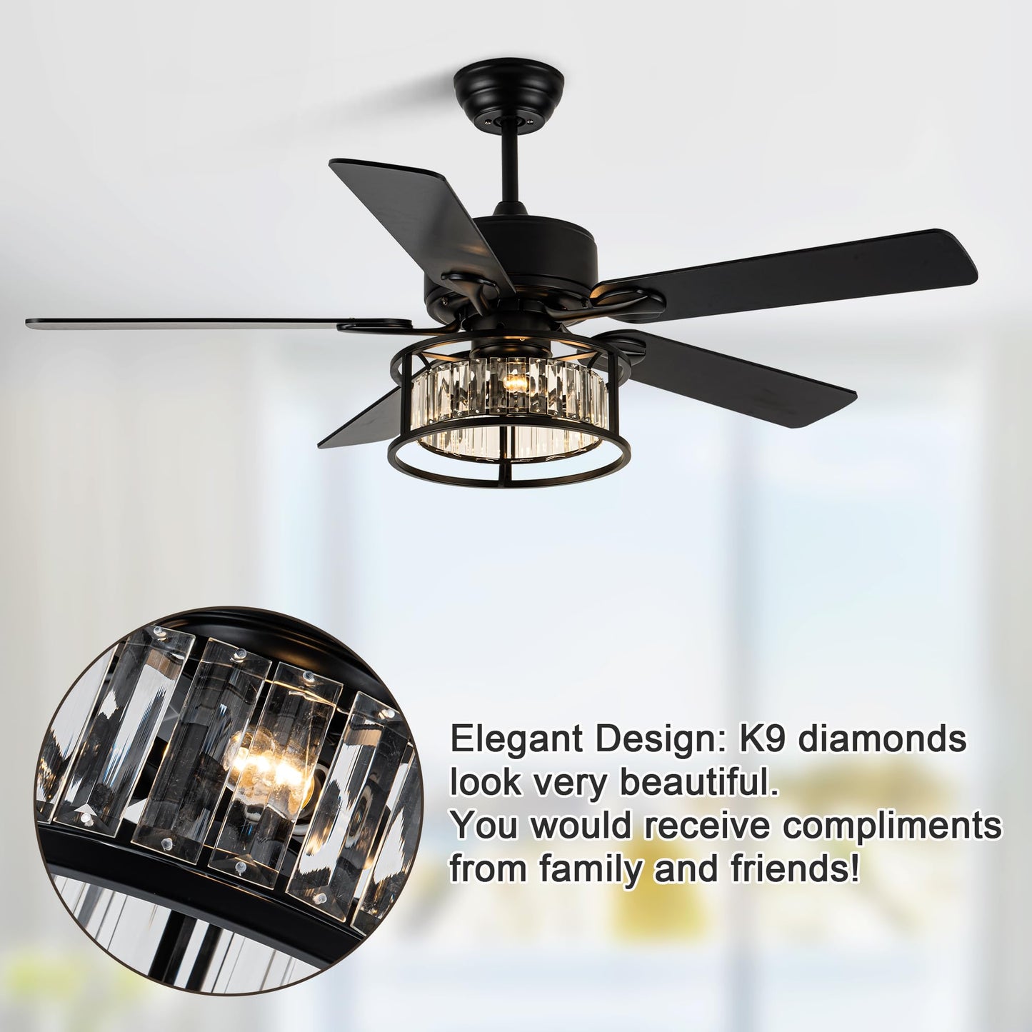 Dawn Whisper 52 Inch Chandelier Ceiling Fans with Lights and Remote Quiet and Reversible DC Motor Black Caged Modern Ceiling Fan for Bedroom Living Room