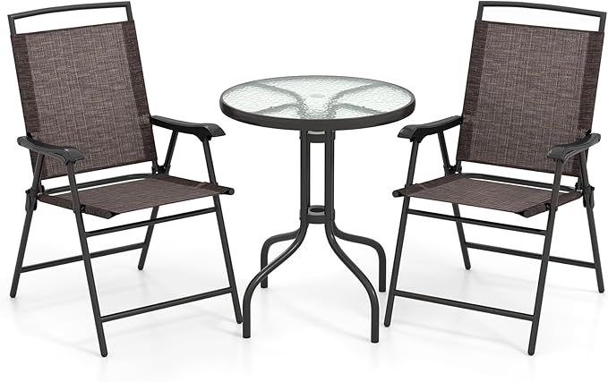 Goplus Patio Bistro Set, 3-Piece Patio Dining Furniture Set with Round Tempered Glass Table, 2 Foldable Chairs, Small Outd...