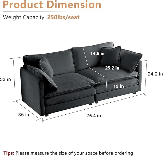mikibama Luxury Loveseat Sofa Couch, 76" Modern Chenille Deep 2-Seater Cloud Couch with 2 Armrest Pillows and 2 Toss Pillows, Love Seat for Living Room Bedroom Office Apartment, Grey