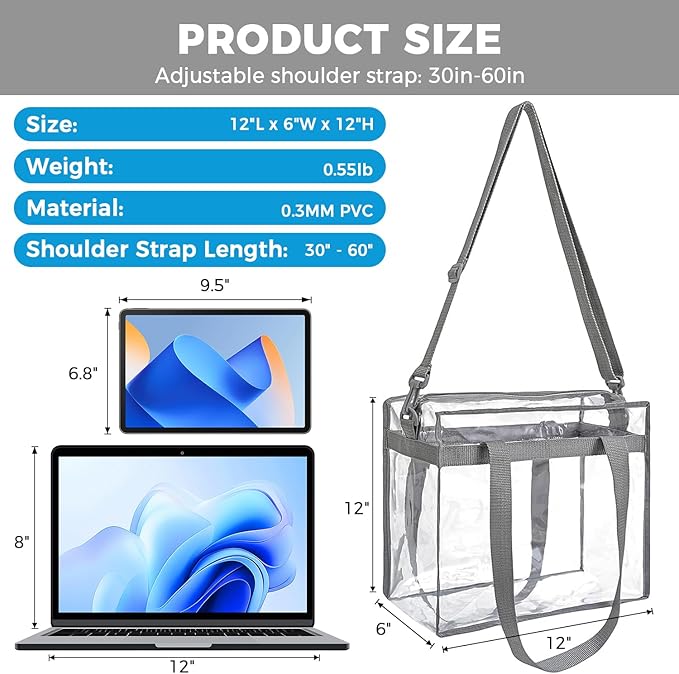 BAGAIL Clear Bags 12x6x12 Stadium Approved Clear Tote Bag with Zipper Closure Crossbody Shoulder Bag with Adjustable Strap