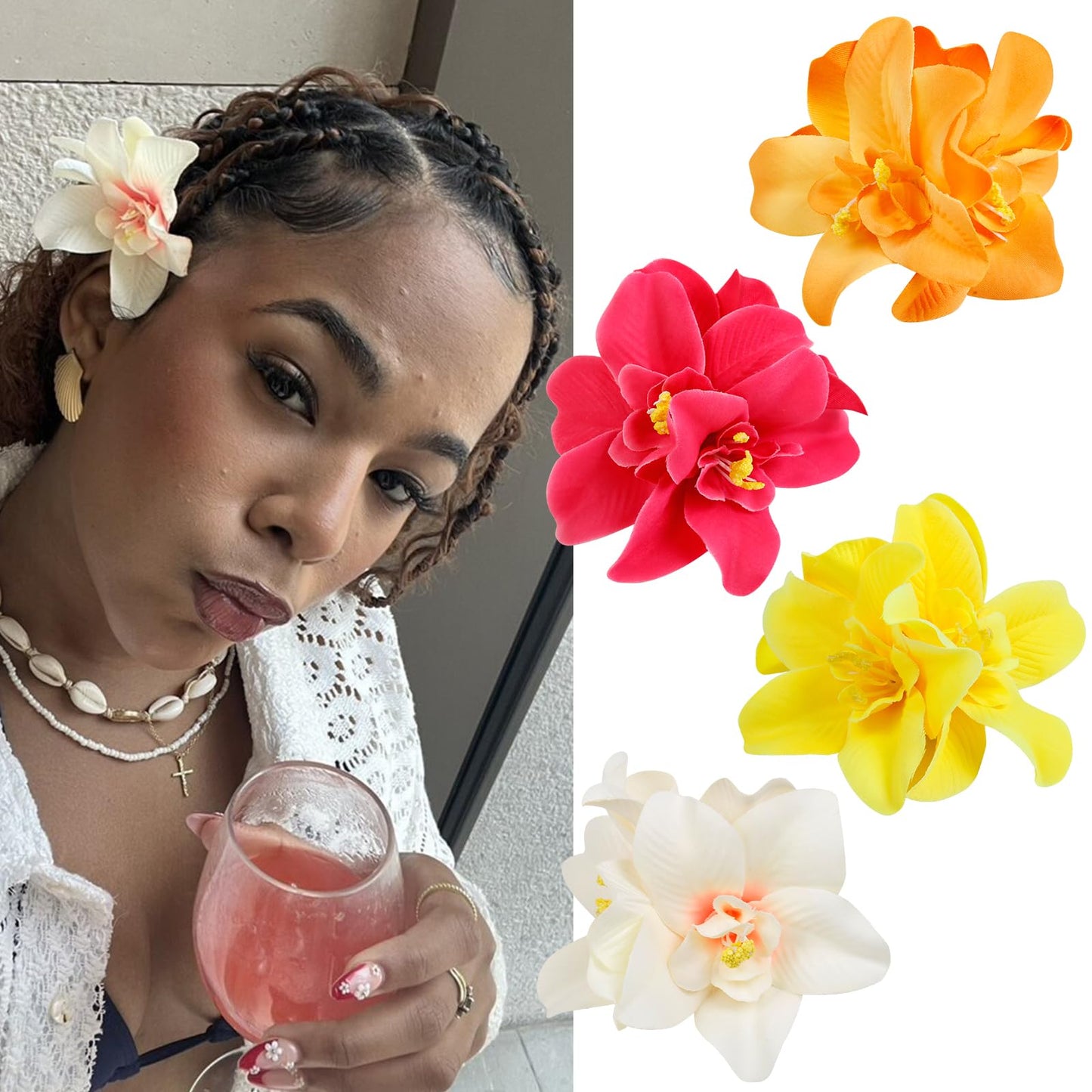 4Pcs Hawaiian Flower Hair Clips for Women, 3.5 Inches Artificial Tropical Hair Clip Hibiscus Claw Clip Beach Vacation Party Boho