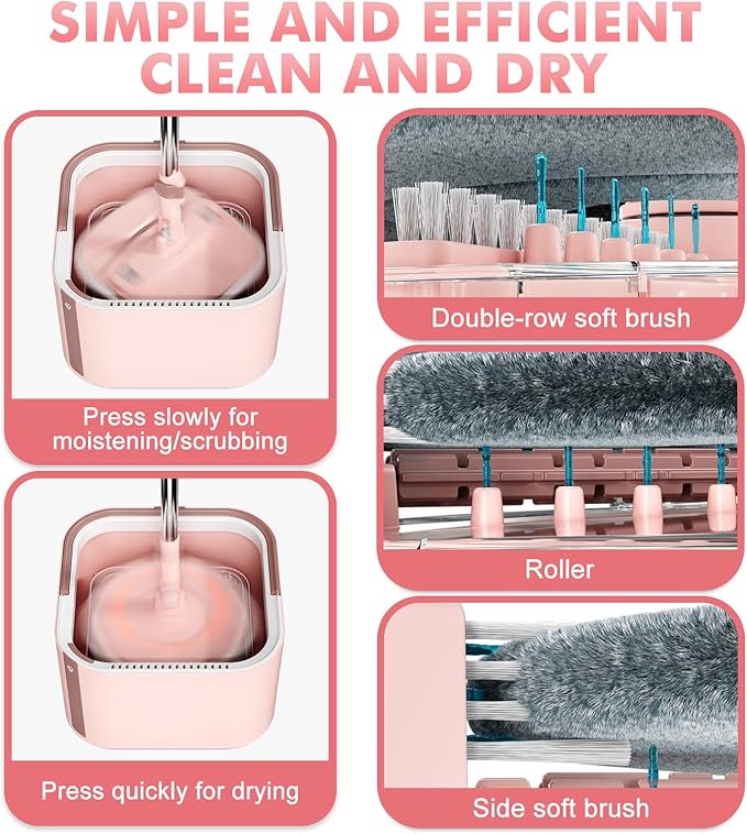 Upgraded Self-Standing Spin Mop and Bucket System, Detachable Inner Mop Bucket Separates Dirty Water & 90° Foldable Head, Triple-Scrub System, 0.9Gal Dual Drainage, for Hardwood Floors (Pink 2 Pads)