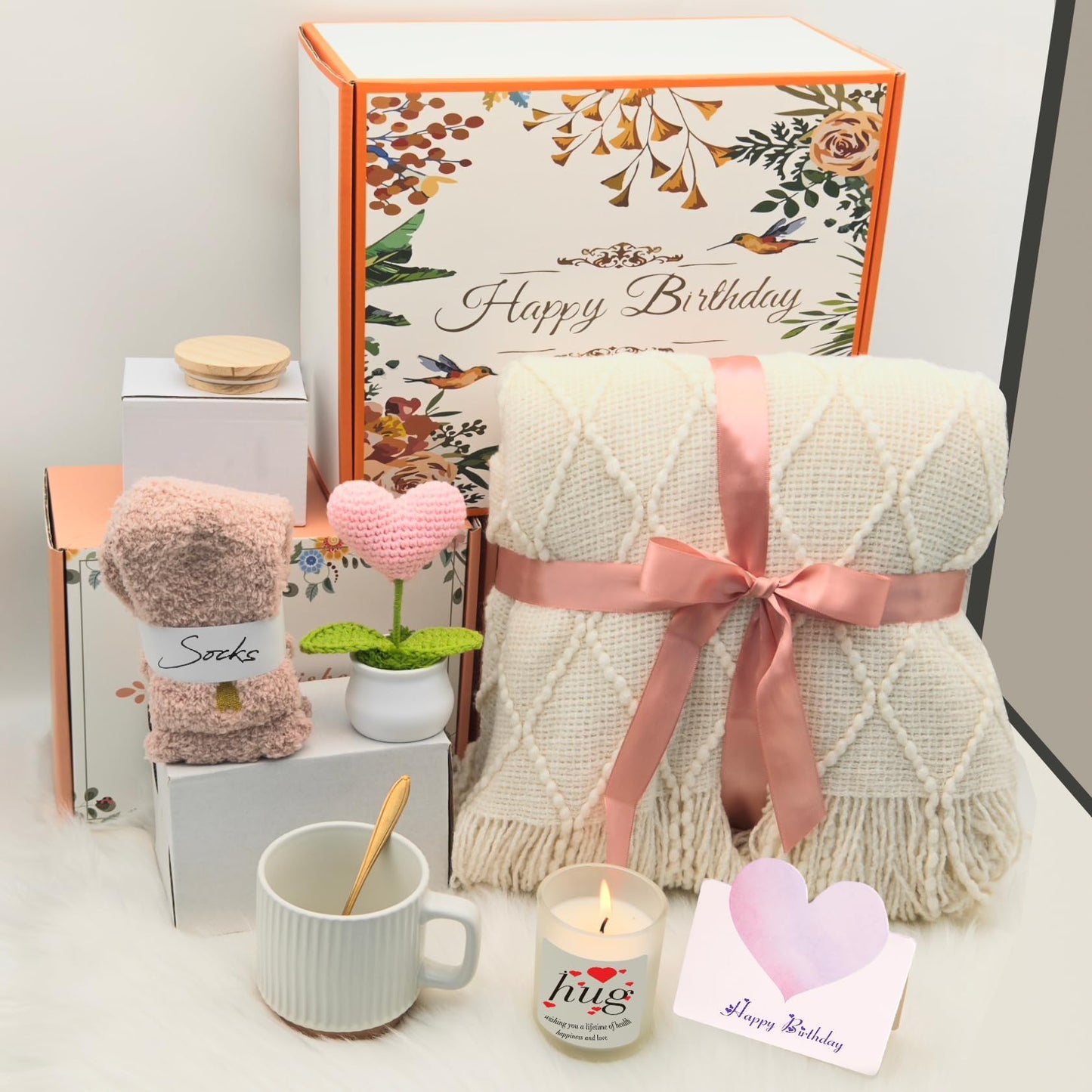 wangpengkai Birthday Gift Box for Women, 8 Pcs Get Well Soon Gifts Basket After Surgery, Sympathy Self Mother's Day Care Package, Cozy Off White Hug Blankets Gift for Sick Friends-Pink