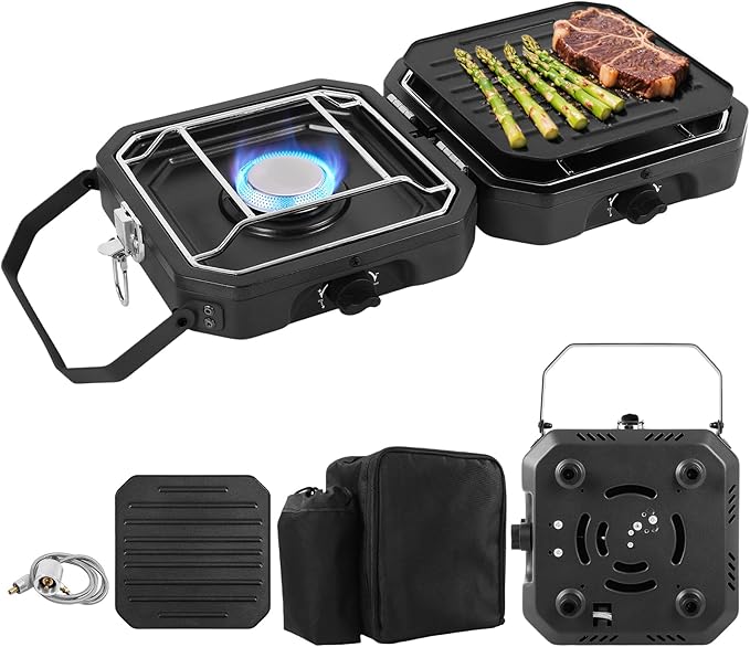 Adjustable 2 Burner Portable Camping Stove Propane (16000 BTU) with Camping Grill and Carrying Bag, Folding Propane Stove,...