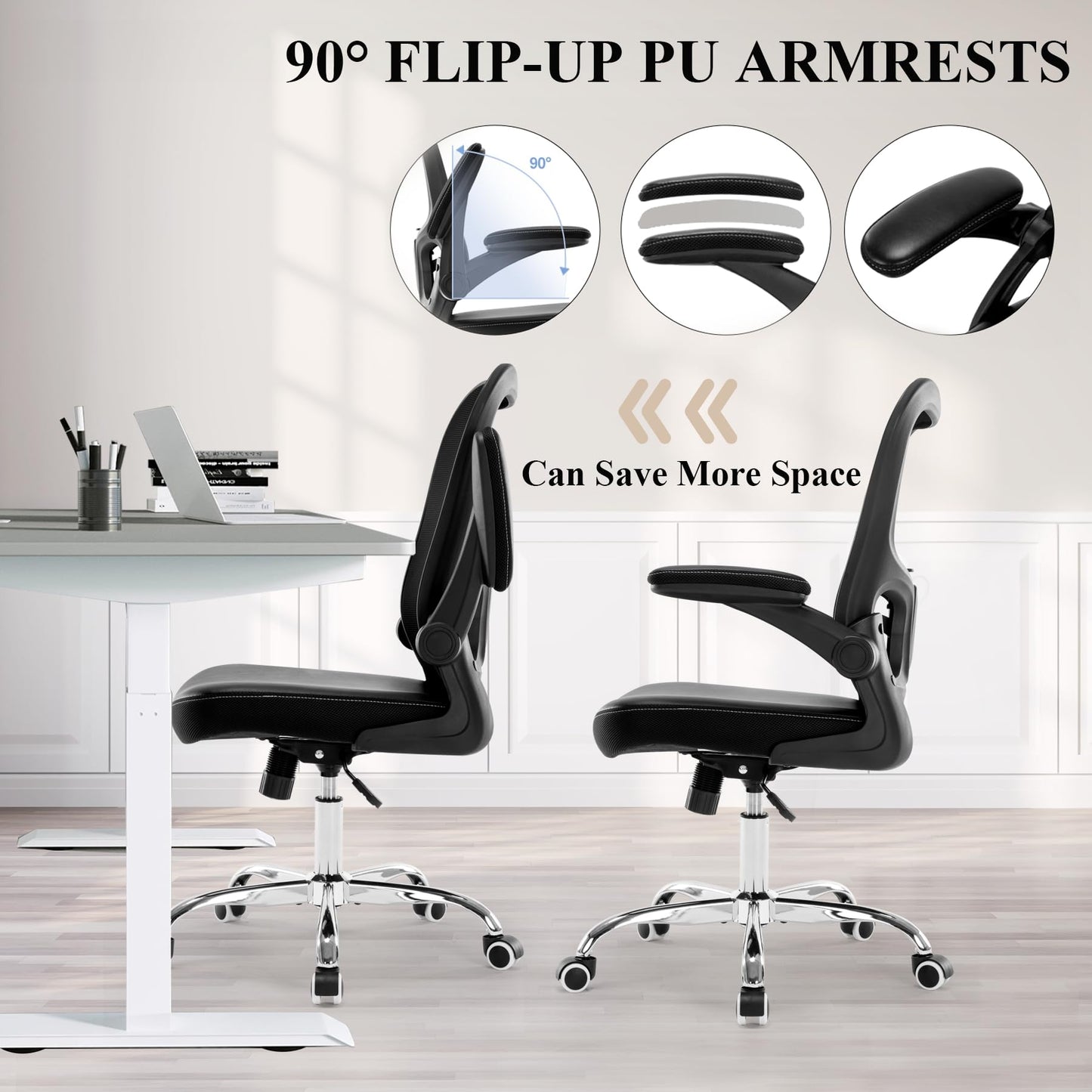 Office Chair, Mesh Ergonomic Desk Computer Chair with PU Leather Flip-up Armrest, Home Task Chair with Lumbar Support, Adjustable Executive Mid Back, Rolling Swivel,Black