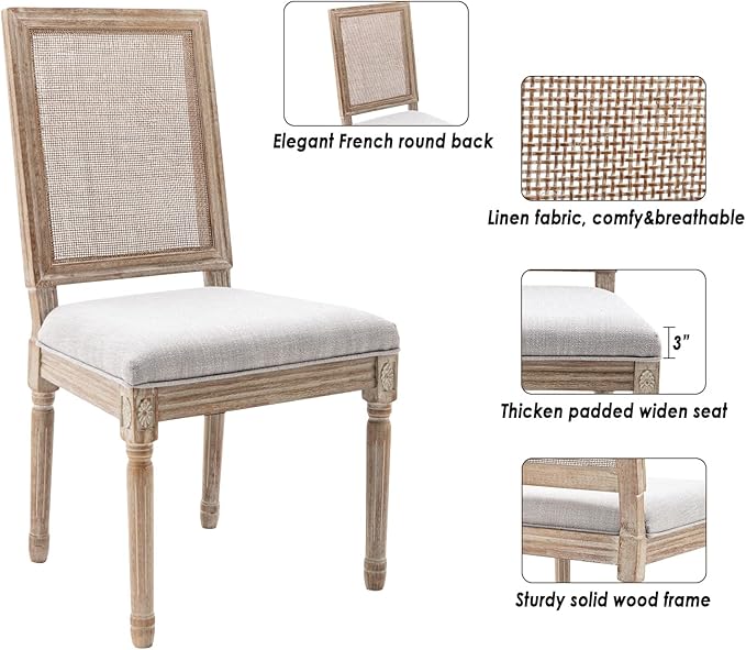 CIMOTA Farmhouse Dining Chairs Set of 6, French Rattan Dining Room Chairs with Rectangle Back/Distressed Wood Upholstered Vintage Side Chairs for Kitchen/Restaurant, Grey/6PCS