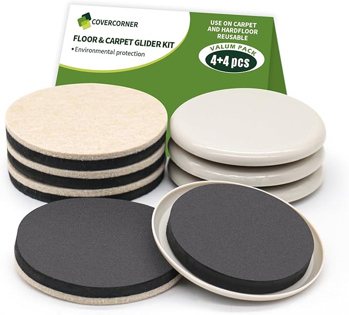 COVERCORNER Furniture Sliders for Hardwood Floors, Furniture Sliders for Carpeted Floors, 8 PCS 3 1/2 inch Combo Pack, Sliders for Moving Furniture, Furniture Movers Sliders