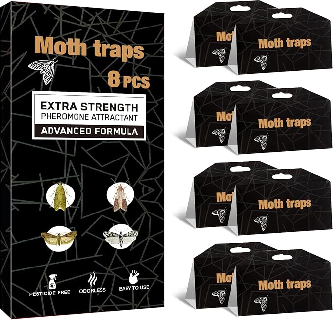 Upgraded Moth Traps, 8Pack Double Potent Pantry & Clothes Traps with Pheromones Prime, No Toxic & Odorless Meal Moth Trap, Organic Sticky Moths Balls Repellent with Lure for Closet, Kitchens