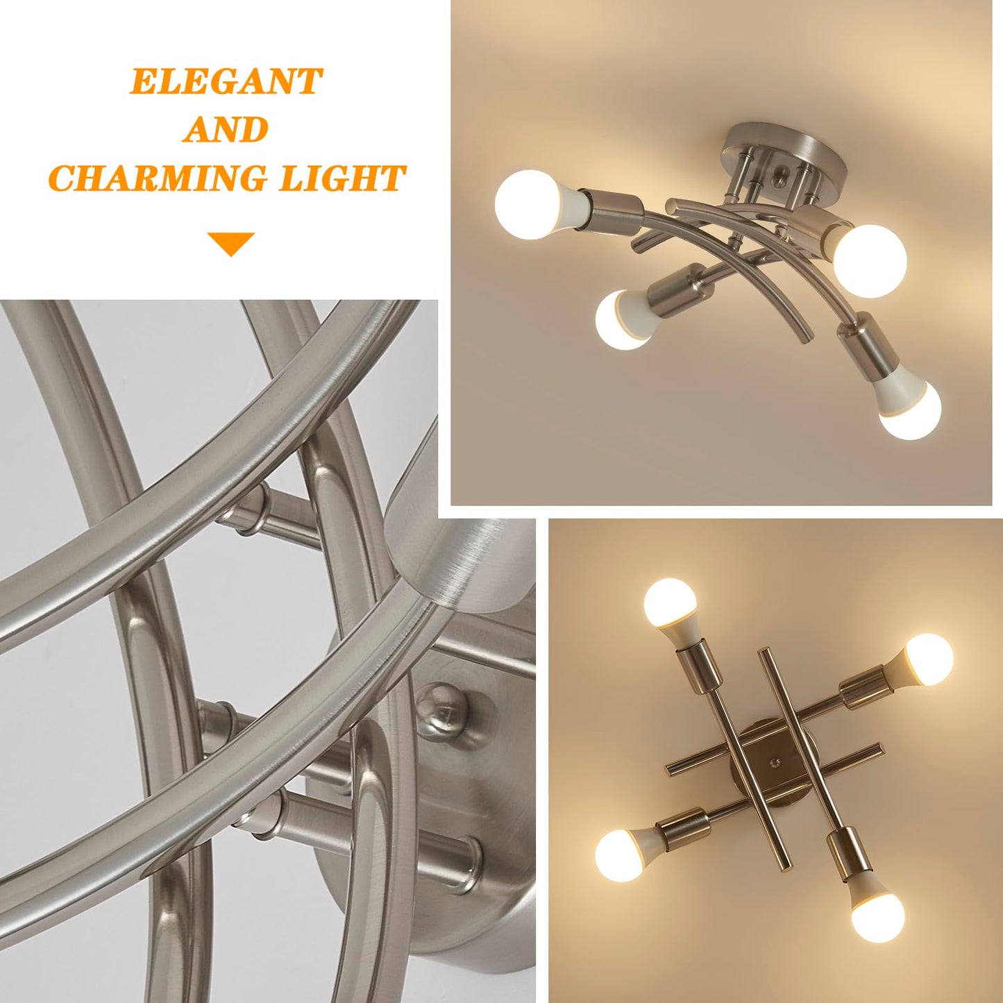 BUXVRCS Semi Flush Mount Ceiling Light Fixture, Modern Sputnik Chandelier Light Fixtures, Industrial Kitchen Light Fixtures Ceiling Mount, 4-Light Dining Room Light Fixture Bedroom (Brushed Nickel)
