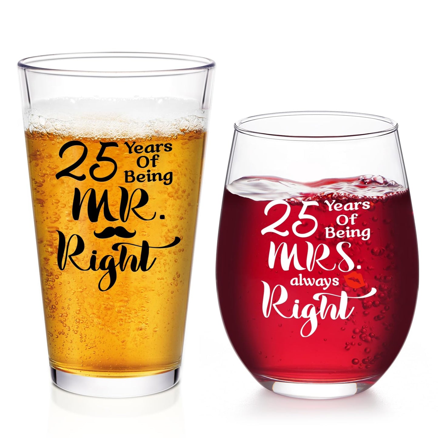Futtumy 25th Anniversary Glass Gifts Set, 25 Years of Being Mr Right & Mrs Always Right 17oz Wine 15oz Beer Glass, 25th Wedding Anniversary for Wife Husband Couple Parents Grandparents Friends