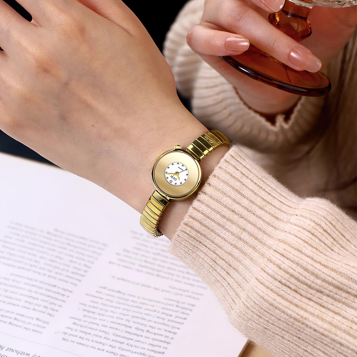 Gosasa Dainty Women's Quartz Watch Easy Reader Vintage Bracelet Watch with Stainless Steel Expansion Band Stylish Gold & Silver Ladies Wristwatch - Comfortable Fit The Wrists of 5.9in - 6.3in