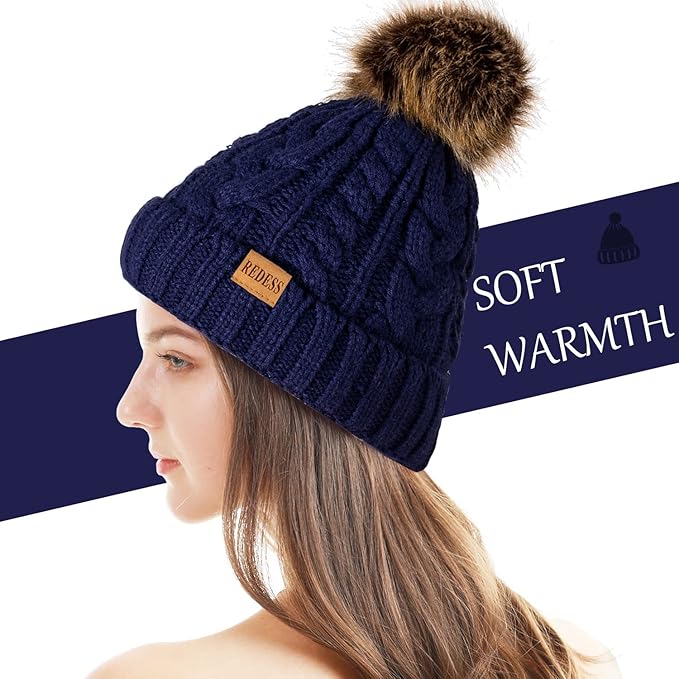 REDESS Women Winter Pompom Beanie Hat with Warm Fleece Lined, Thick Slouchy Snow Knit Skull Ski Cap