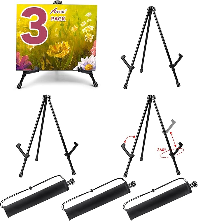 AROIC 3 Pack 14'' Tabletop Easels, Black Steel Table Top Easels for Display, Adjustable Portable Table Top Easel for Paint...
