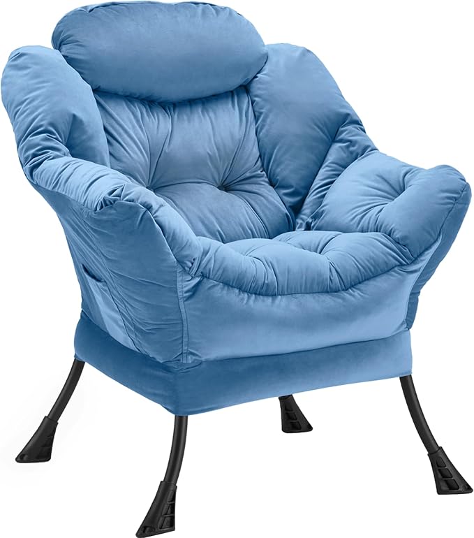 Youtanic Lazy Chair Thick Padded, Comfy Velvet Accent Lounge Chair with Stable Frame, Leisure Sofa Armchair with Armrests and Side Pocket, Reading Chair for Bedroom, Living Room, Office, Light Blue