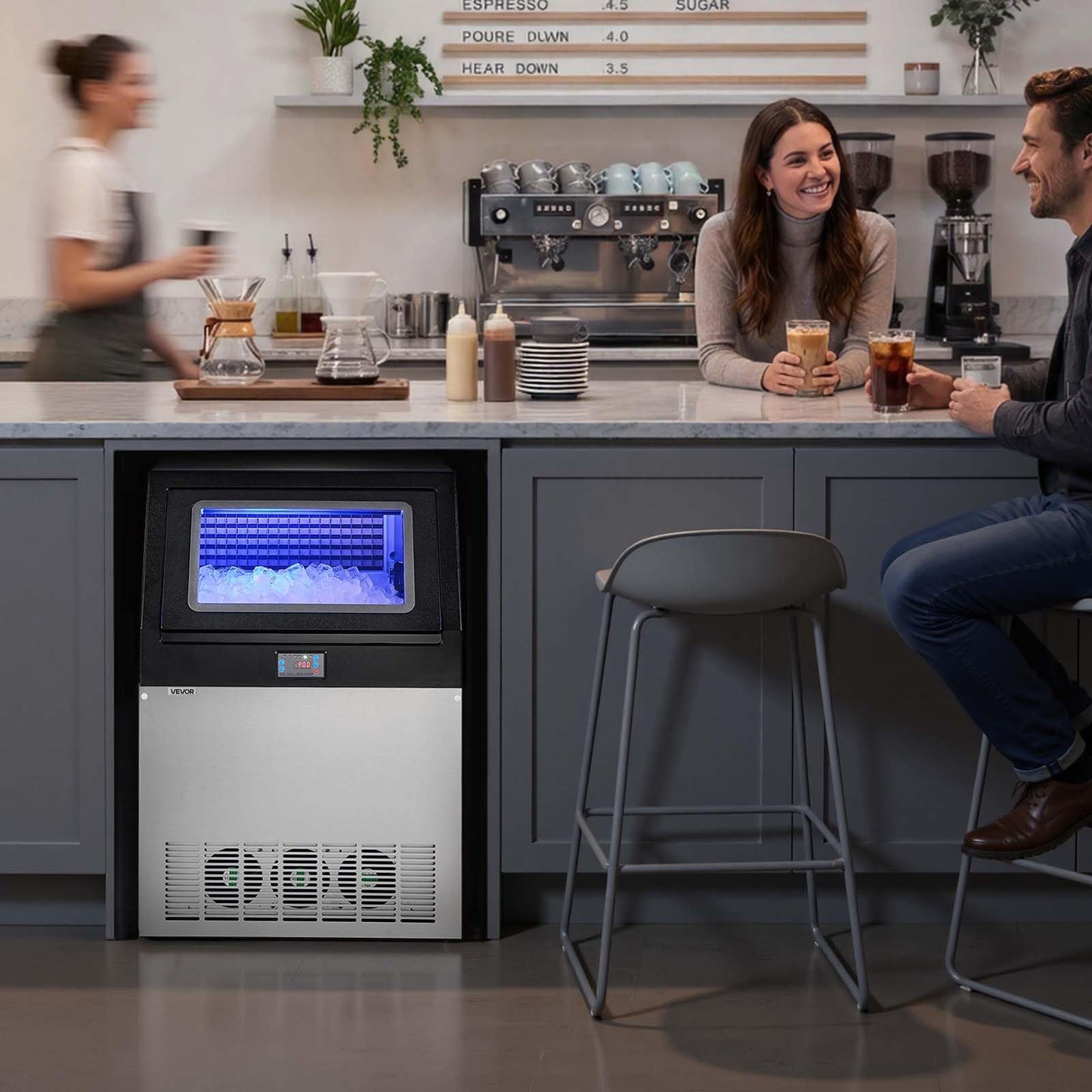 VEVOR Commercial Ice Maker Machine, 360 lbs/24h with 85 lbs Storage Capacity, Built-in/Freestanding/Under Counter, Stainless Steel Ice Maker with LED Display & Self-Cleaning, for Home Bar Restaurant