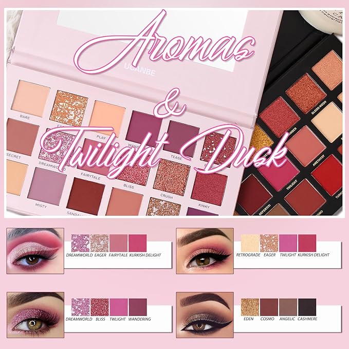 2Pcs Twilight Dusk + Aromas Nude Eyeshadow Palette Makeup Set, Matte Shimmer Glitter Pressed Pearl All Highly Pigmented Blending Powder, Natural Velvet Texture Eye Shadow Kit