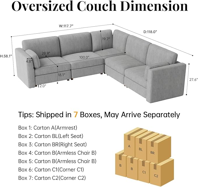 CUGOAO 117.7'' Modular Sectional Sofa, Oversized L-Shaped Sectional Couch, Deep Seat Chenille Cloud Couch, Removable Cover, Mordern Upholstered Couches for Living Room, Apartment, Office, Grey