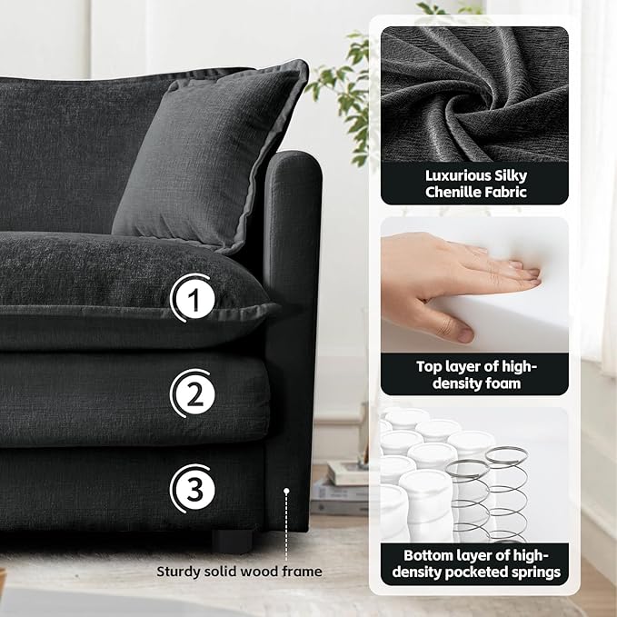 SoarFlash Chenille Sectional Sofa, Comfy Modular Loveseat Sofa, Modern 3-Seat Couch Deep Seat Sofa Set for Living Room,Grey