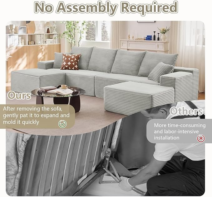 140" Sectional Cloud Couch for Living Room, Modular Floor Deep-Seat Sofa, Big Comfy Corduroy Couches Set with Fluffy Memory Foam, Stupendous U Shaped Sofas, No Assembly Required, Grey