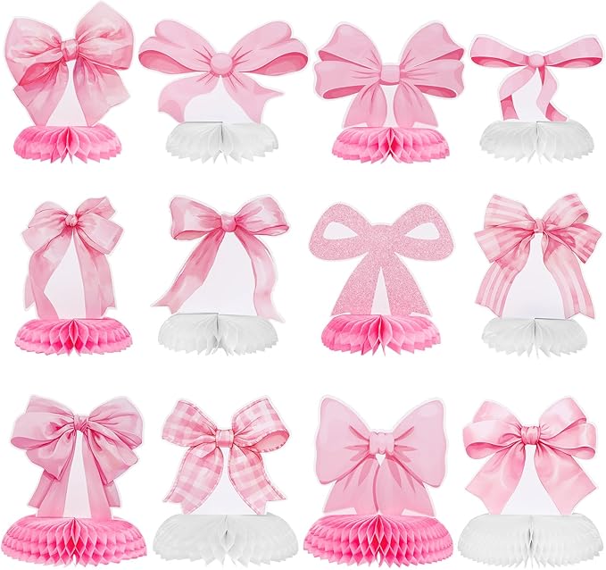 12 Pcs Pink Bow Party Honeycomb Centerpieces Pink Bow Table Centerpieces Coquette Theme Birthday Decorations Bow Party Dec...