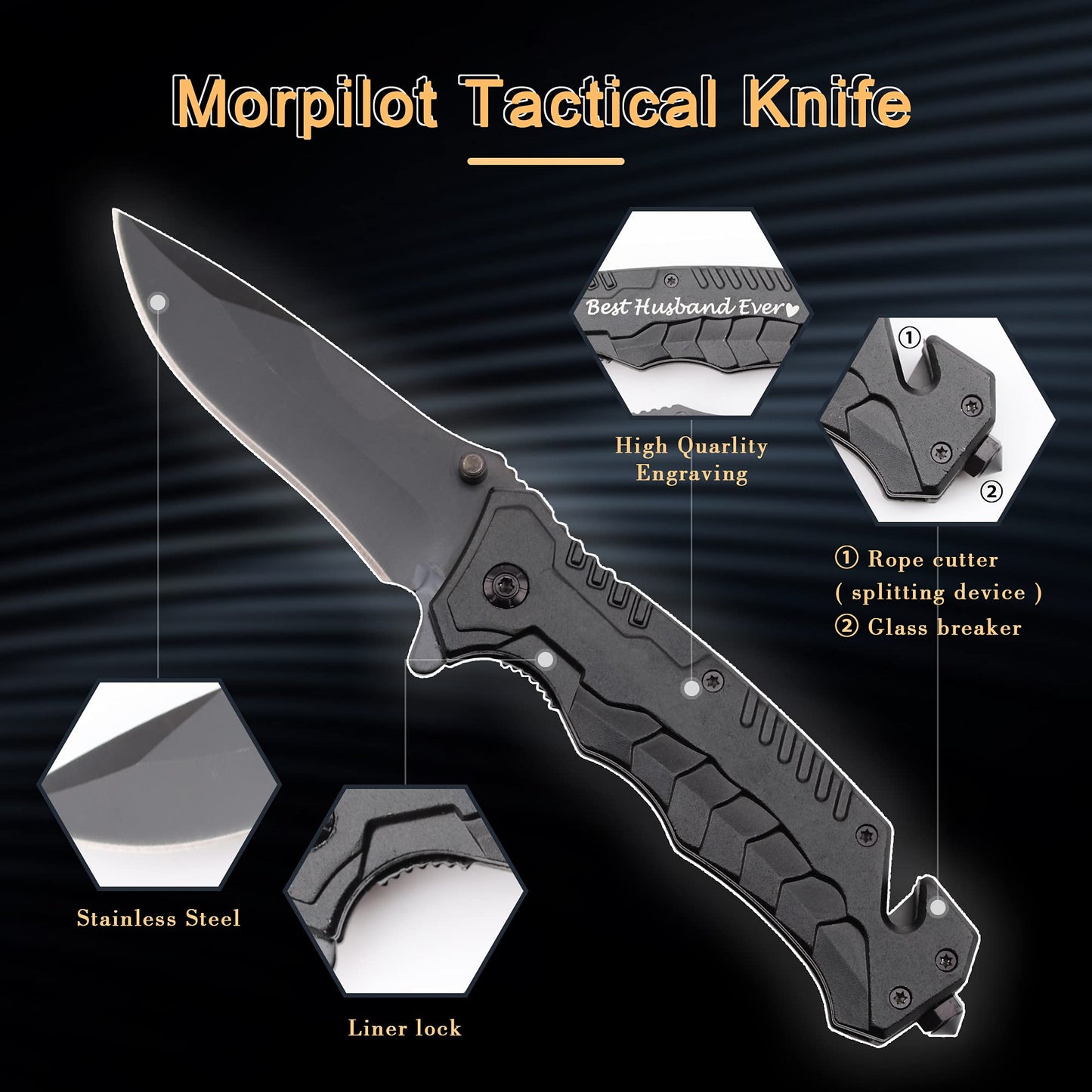 Brother Gift, Engraved Black Pocket Knife for Brother Birthday Gifts Idea Camping Knife with Window Glass Breaker and Seatbelt Cutter, Best Brother Ever, Brother Gift for Christmas Graduation Birthday