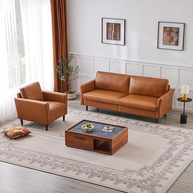 Kingfun Living Room Furniture Sets, 3 Seater sof and Armcahir, Mid Century Modern Sofa Set, Faux Leather Couch with Solid Wood Frame for Living Room & Bedroom, Mid Brown