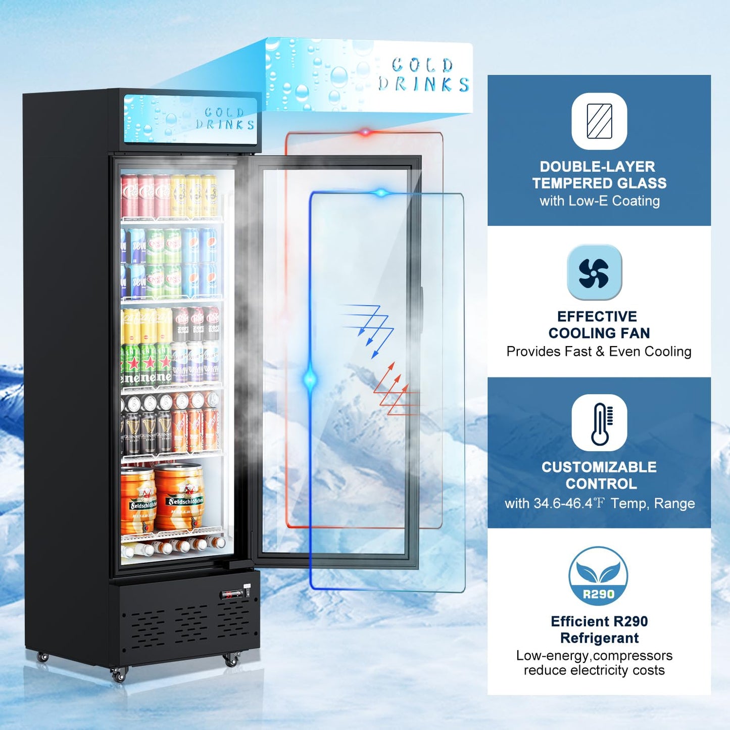 ECEVT 11 Cu.ft. Commercial Refrigerators Glass Door Beverage Refrigerators Commercial Fridge Upright Display Cooler with Soft LED Light and Adjustable Shelves for Restaurant Grocery Stores Home