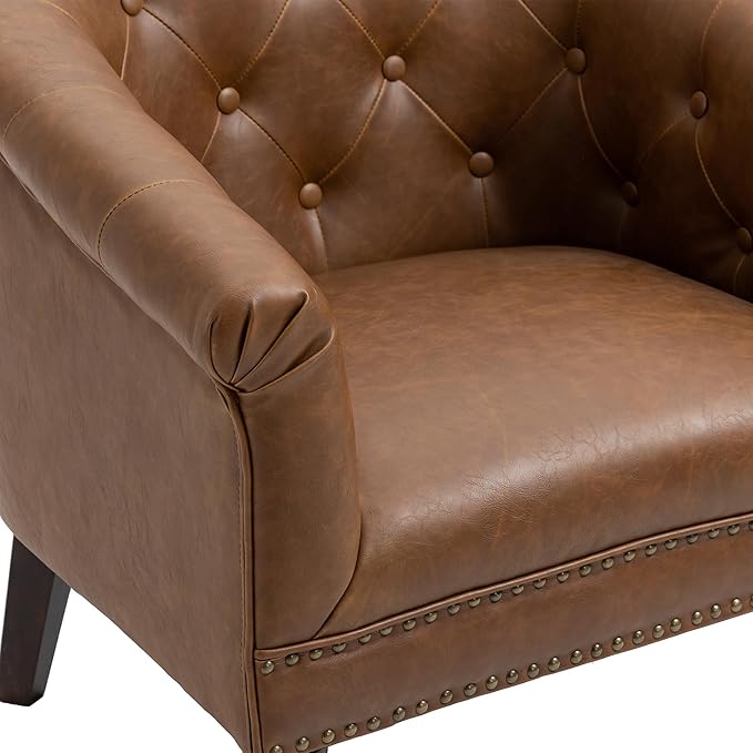 UIXE PU Leather Barrel Club Chairs Set of 6, Modern Arm Accnet Chair Comfy Upholstered Armchair, Nailhead Trim Living Room Single Sofa Reading Seat Bedroom Side Sitting for Office, Brown
