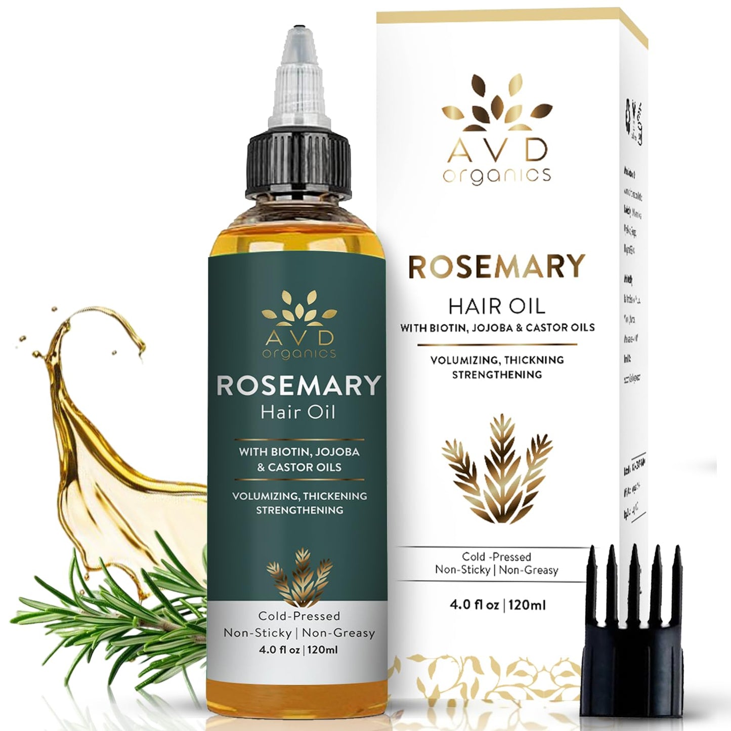 AVD ORGANICS Pure Rosemary Oil for Hair Growth (4.05 fl oz) Infused with Biotin Jojoba & castor Oil | Hair strengthening Treatment | Nourishing & Volumizing– Strengthening, | Non-GMO verified