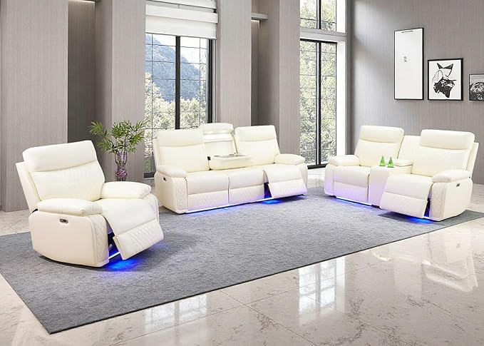Toseslo 3 Piece Living Room Sets Furniture, Power Recliner Sofa Set with LED Light, Sanded Leather Reclining Sofa Sectional Couches with Cup Holders/Storage Console for House(Vanilla White)