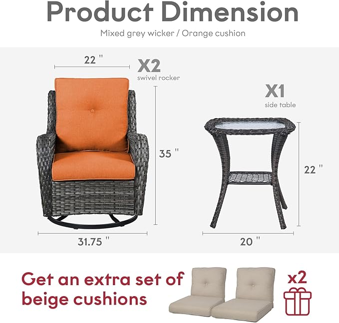 Belord Outdoor Swivel Rocker Wicker Chairs Set of 3, High Back Swivel Patio Chairs Wicker Furniture Set, 2 PCS Rattan Swivel Rocking Chair with Side Table, Orange Cushion