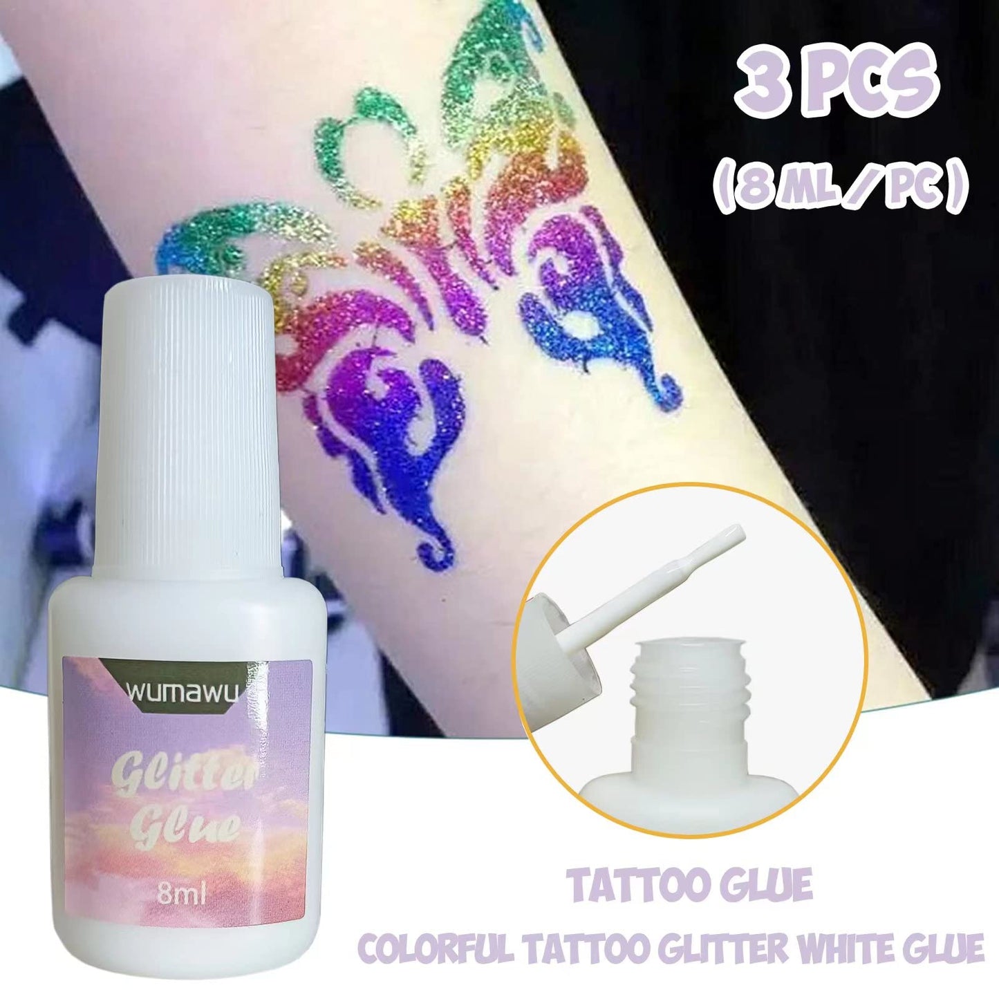 Temporary Tattoo Glue - wumawu 8ml Glitter Glue Brush Bottle, Water Soluble Body Painting Glue, Ideal for Halloween, Carnival, B