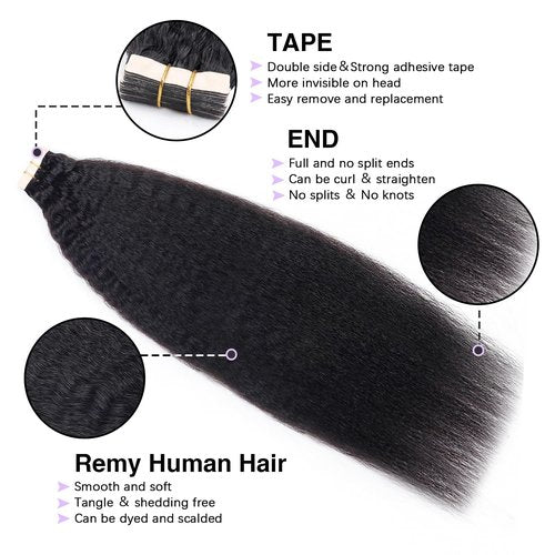 Liqusee Kinky Straight Tape In Hair Extensions Human Hair 100% Remy Hair Natural Black 26 inch 20pcs 50g/Pack Double Sided Seamless Skin Weft Tape ins Real Human Hair Extensions for Black Women