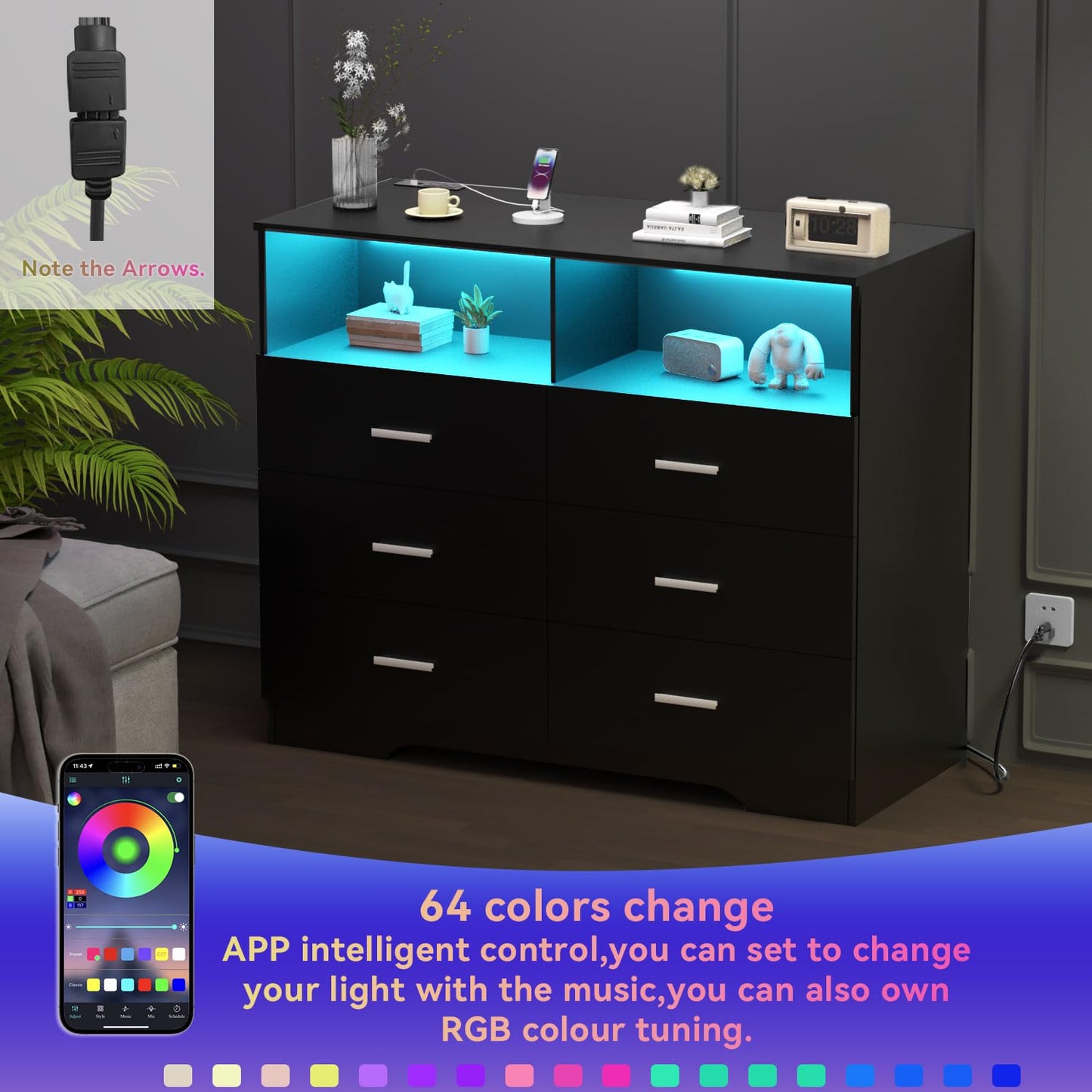 FJTJBSI Dresser with Power Outlets and LED Lights Wooden 6 Drawer Dresser with Large Organizer Tall Black Drawer for Bedroom Modern Chest of Drawers Closet for Living Room Kids Room
