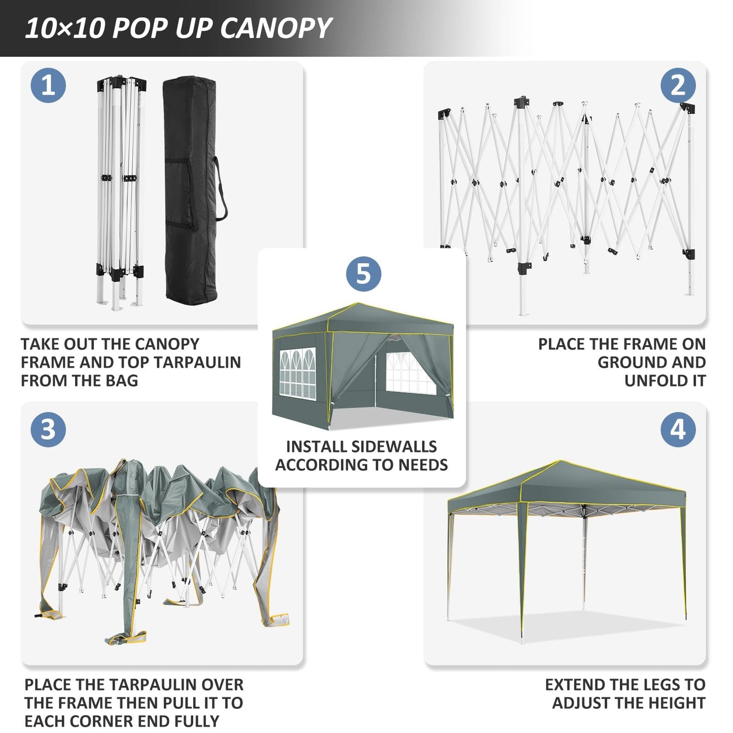 COBIZI 10x10 Pop Up Canopy with 4 Sidewalls,10x10 Canopy Tent Frame Upgraded with 3 Adjustable Heights,Waterproof UV50+ Outdoor Party Commercial Ez Up Gazebos with Carry Bag(10 x 10 ft Gray)