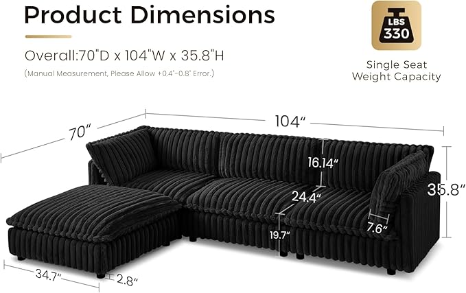 KKL Sectional Modular Couch for Living Room, L Shaped Corduroy Couches with 1 Ottomans, 4 Seater Oversized Sofa, Soft Fabric Modern Sofa, Black