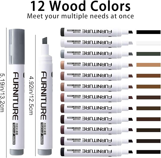 BOPOVA Furniture Markers Touch Up, Wood Floor Scratch Repair Kit, 12 Colors Markers for Scratches, Stains, Wood Floors, Tables, Desks, Cabinet, Bedpost (12 Colors)