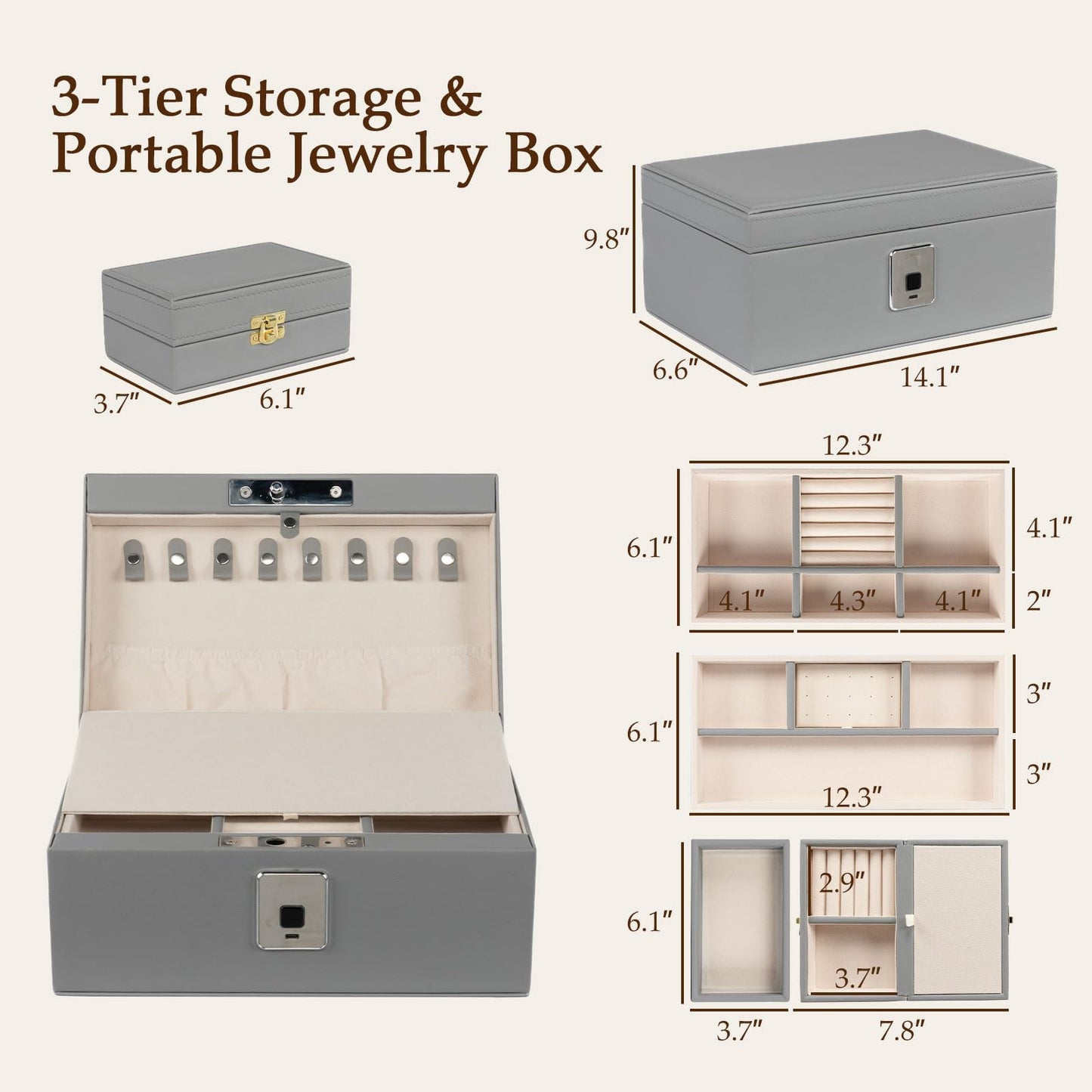 VALINIRT Jewelry Safe, Biometric Fingerprint Safe, Leather Wrapped Jewelry Box with Lock & Mirror, Ultra-Lightweight Jewelry Box Suitable for Home Use & On-the-Go(Three-Tier Gray)