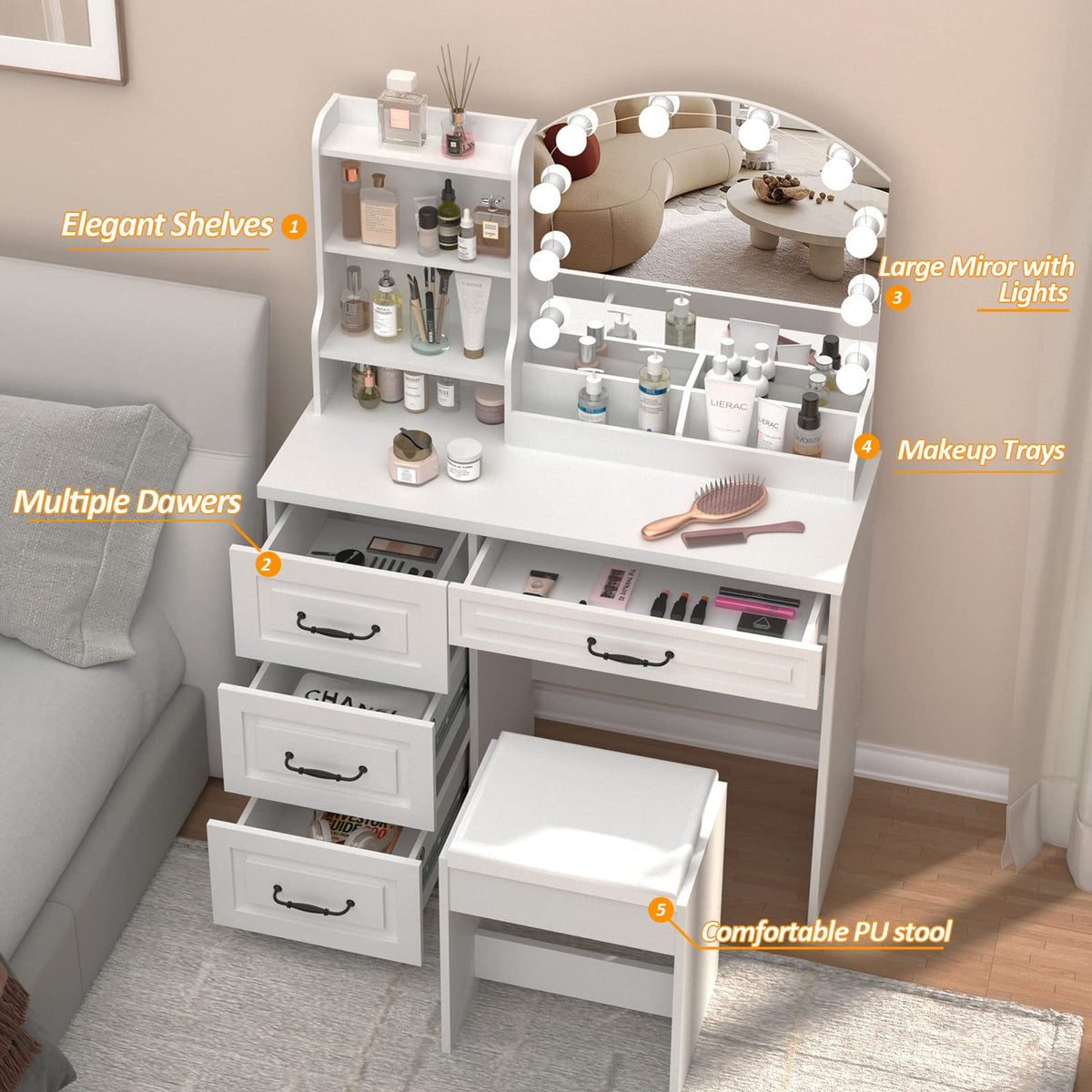 Vabches Makeup Vanity Desk with Lights and 4 Drawers, White Vanity Set Makeup Table Lots Storage, 3 Lighting Colors, Large Size 39.4in(L)