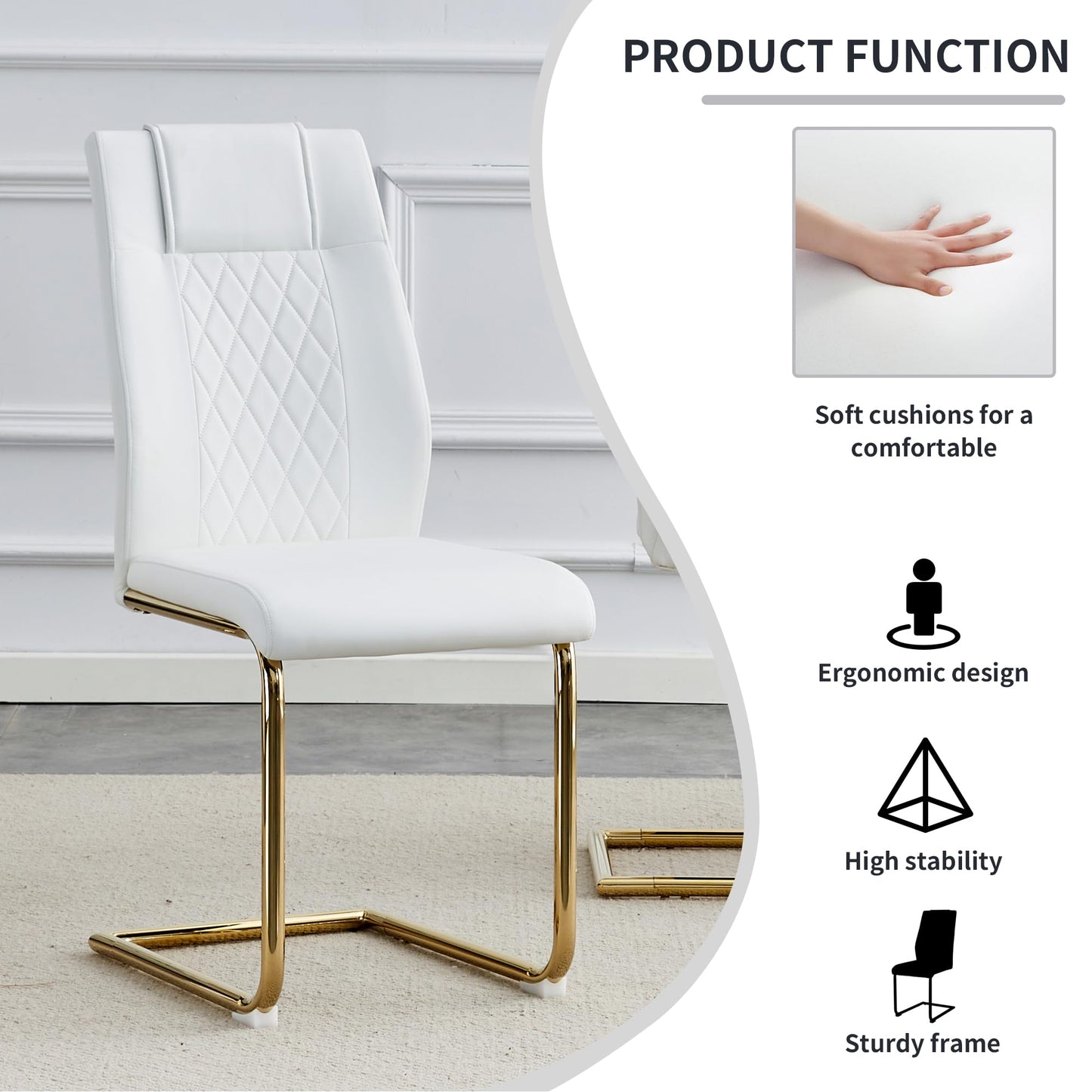 gopop Dining Table Set for 6, Kitchen Table Chairs Set of 6, 55" White High-Gloss Lacquered Tabletop & Electroplated Metal Frame, Modern Kitchen Tables with 6 Chairs for Dining Room