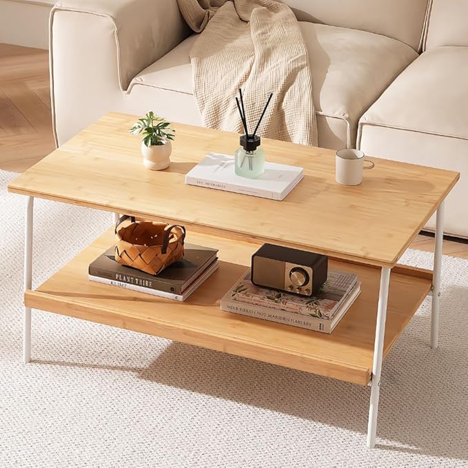 Baveke Bamboo 2 Layer Coffee Table - Tier Storage Mid Century Modern Farmhouse Center Table for Living Room, Bedroom, Office, Patio(Natural)
